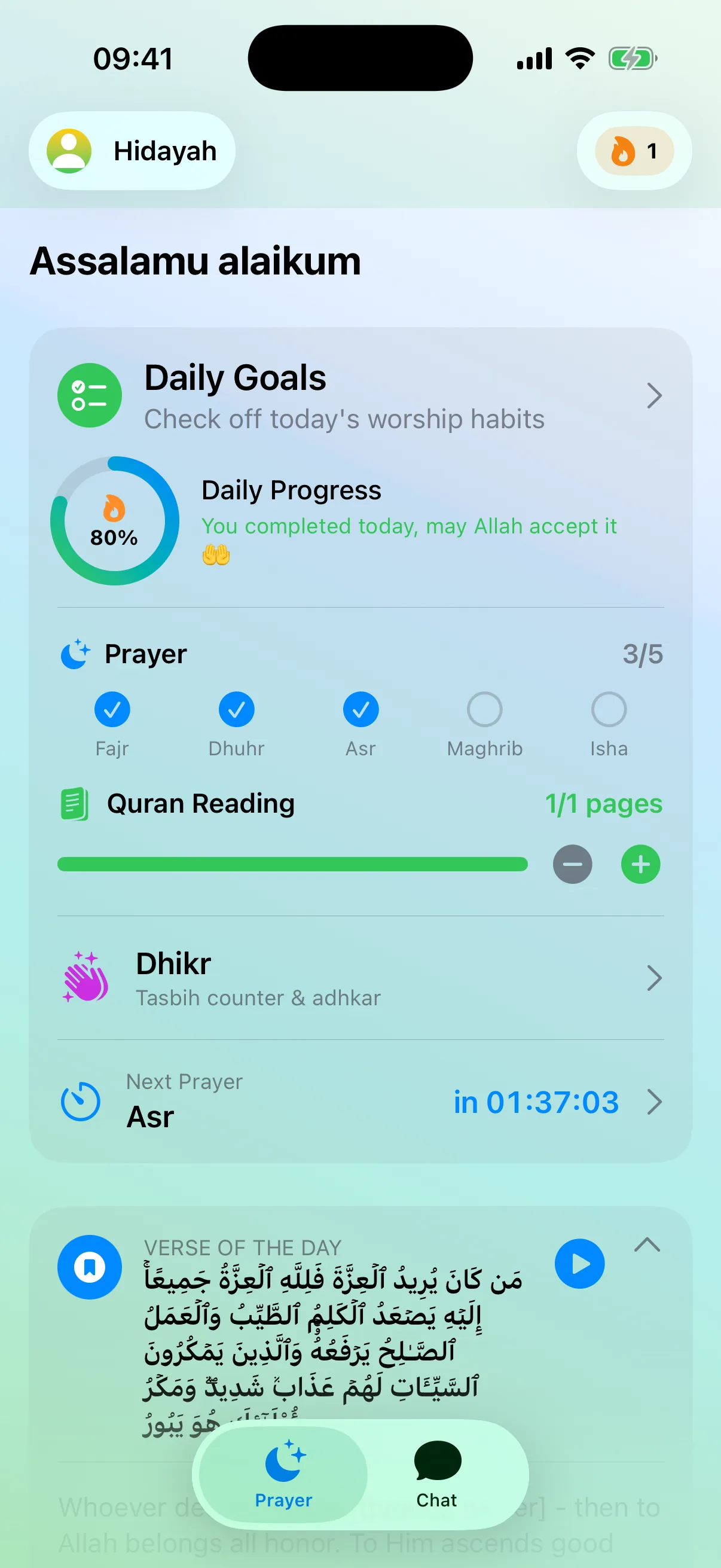 Hidayah daily goals and prayer dashboard